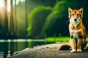 uma cachorro sentado em a lado do uma estrada perto uma rio. gerado por IA foto