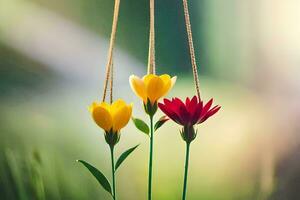 três amarelo flores suspensão a partir de uma corda. gerado por IA foto