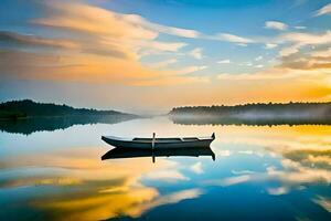 uma barco é flutuando em uma calma lago às pôr do sol. gerado por IA foto