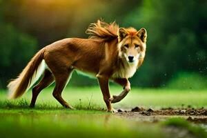 uma vermelho Lobo corrida através uma campo. gerado por IA foto