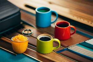 colorida café copos em uma de madeira mesa. gerado por IA foto