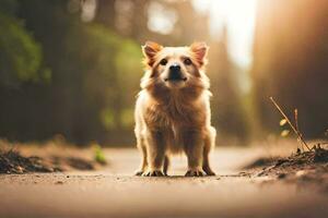 uma cachorro em pé em uma estrada dentro a madeiras. gerado por IA foto