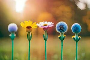 cinco diferente colori flores dentro uma linha. gerado por IA foto