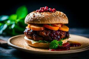 uma Hamburger com legumes e romã. gerado por IA foto