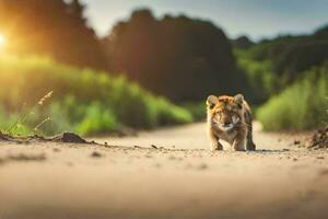 uma tigre filhote caminhando em uma sujeira estrada. gerado por IA foto