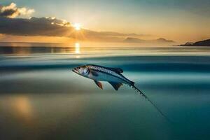 uma peixe é vôo sobre a oceano às pôr do sol. gerado por IA foto