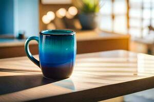 uma azul caneca sentado em uma de madeira mesa. gerado por IA foto