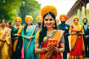 indiano noiva dentro tradicional vestuário com dela família. gerado por IA foto