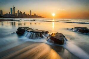 a cidade Horizonte é visto dentro a fundo Como ondas batida para dentro pedras. gerado por IA foto