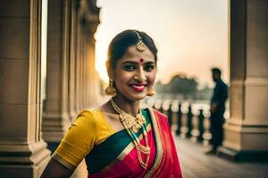 uma mulher dentro uma colorida sari poses para uma foto. gerado por IA foto