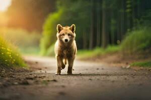 uma cachorro caminhando baixa uma sujeira estrada dentro a madeiras. gerado por IA foto