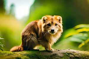 uma pequeno cachorro é em pé em uma Rocha dentro a floresta. gerado por IA foto