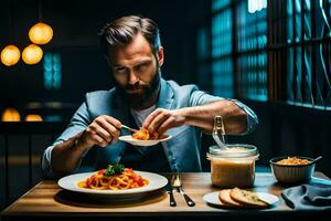 uma homem é comendo massa dentro uma restaurante. gerado por IA foto