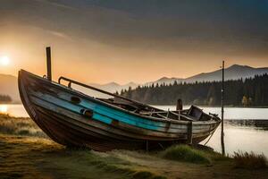 uma barco senta em a costa às pôr do sol. gerado por IA foto