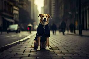 uma cachorro vestindo uma Jaqueta senta em a rua. gerado por IA foto