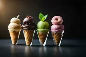 cinco gelo creme cones com diferente sabores. gerado por IA foto