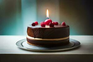 uma chocolate bolo com uma vela em topo. gerado por IA foto