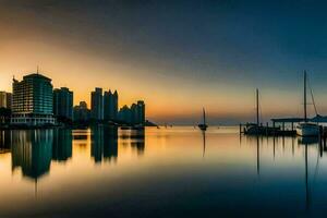 uma cidade Horizonte às pôr do sol com barcos dentro a água. gerado por IA foto