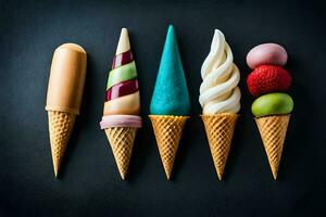 cinco gelo creme cones com diferente cores e sabores. gerado por IA foto