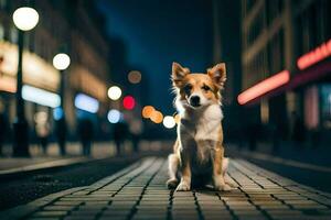 uma cachorro sentado em a rua às noite. gerado por IA foto