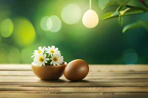 Páscoa ovo dentro uma vaso com margaridas em uma de madeira mesa. gerado por IA foto