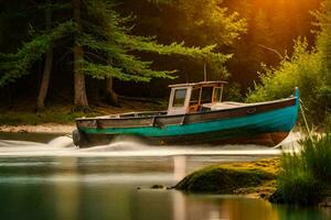 uma barco em a rio às pôr do sol. gerado por IA foto