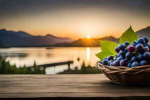 uvas dentro uma cesta em a mesa. gerado por IA foto