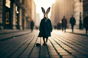 uma Coelho dentro uma casaco e gravata em pé em uma rua. gerado por IA foto