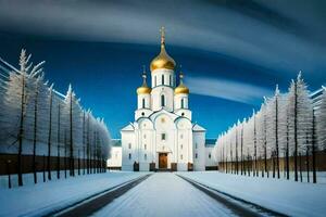 uma Igreja dentro a neve com árvores e neve. gerado por IA foto