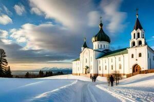 uma Igreja dentro a neve com uma campanário. gerado por IA foto