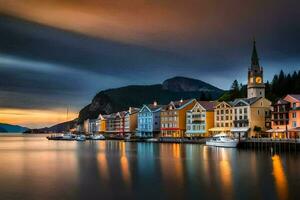 a colorida casas do Bergen, Noruega. gerado por IA foto