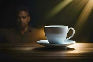 uma homem senta dentro a fundo do uma café copo. gerado por IA foto