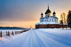 uma Igreja é cercado de neve dentro a inverno. gerado por IA foto