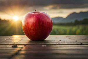 a maçã senta em uma de madeira mesa dentro frente do uma pôr do sol. gerado por IA foto