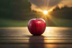 a maçã senta em uma de madeira mesa dentro frente do a Sol. gerado por IA foto