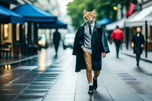 uma homem vestindo uma gato mascarar anda em baixa uma rua. gerado por IA foto