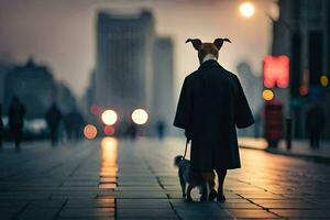 uma cachorro e uma homem em pé em uma rua às noite. gerado por IA foto