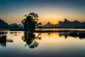 a Sol sobe sobre uma lago e montanhas dentro China. gerado por IA foto