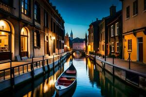 uma barco é em uma canal dentro uma cidade às noite. gerado por IA foto