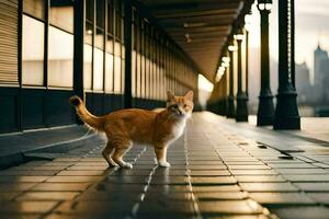 a laranja gato caminhando em uma calçada dentro frente do uma prédio. gerado por IA foto