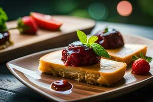 três peças do bolo de queijo com morangos em topo. gerado por IA foto