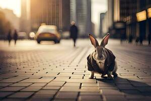 uma Coelho é em pé em uma tijolo rua dentro frente do uma cidade. gerado por IA foto