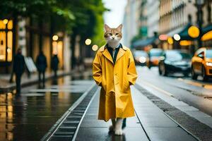 uma gato vestindo uma amarelo capa de chuva em uma cidade rua. gerado por IA foto