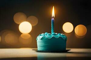 uma azul aniversário bolo com uma solteiro vela. gerado por IA foto