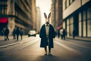 uma Coelho vestindo uma casaco e gravata em pé dentro a meio do uma cidade rua. gerado por IA foto
