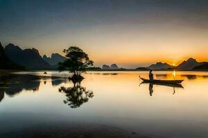 uma homem dentro uma barco em uma lago às pôr do sol. gerado por IA foto