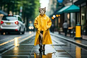 uma gato dentro uma amarelo capa de chuva caminhando baixa uma rua. gerado por IA foto