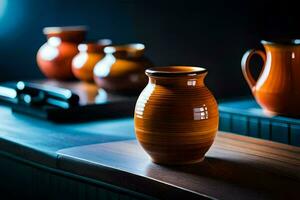 uma mesa com de várias vasos e uma café Panela. gerado por IA foto