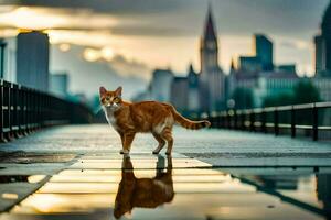 uma gato caminhando em uma ponte com uma cidade dentro a fundo. gerado por IA foto