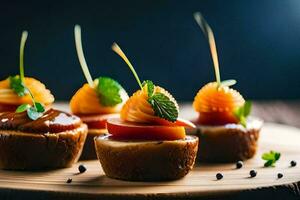 pequeno aperitivos em uma de madeira borda. gerado por IA foto